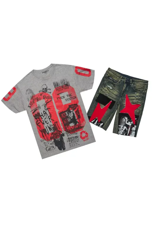 Grill Heather Grey/Red T-Shirt/Denim Short Set sold by Rockstar Original