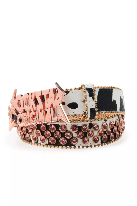 Aveona White/Black Cow Print Rhinestone Belt made by Rockstar Original