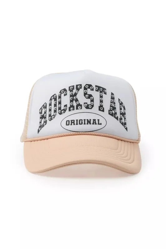 Danil White/Khaki Rhinestone Graphic Trucker Hat sold by Rockstar Original