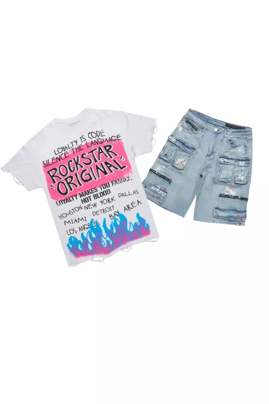 Beno White/Blue T-Shirt/Denim Short Set sold by Rockstar Original