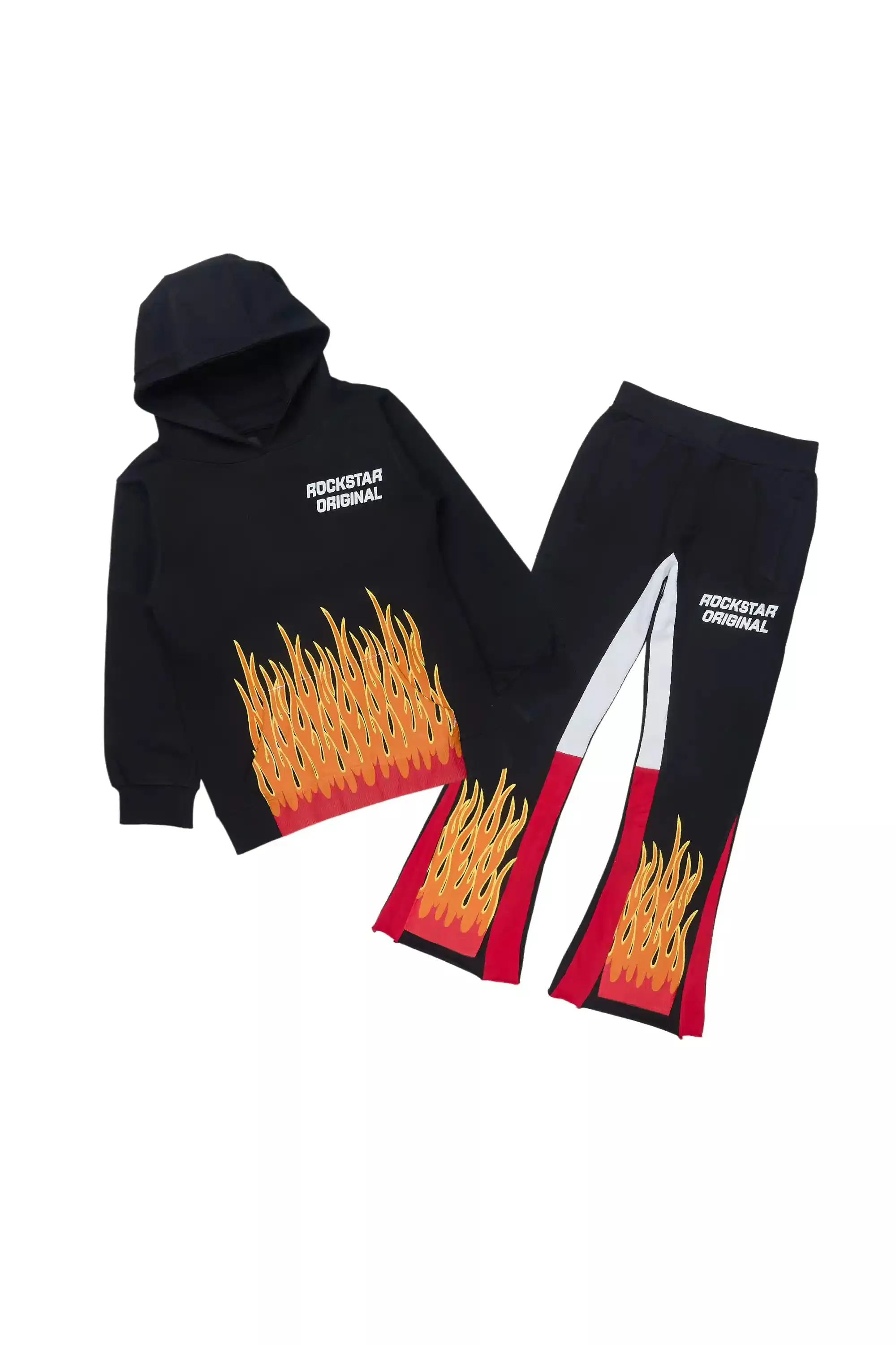 Boys Roeland Black/Red Stacked Flare Pant Set sold by Rockstar Original
