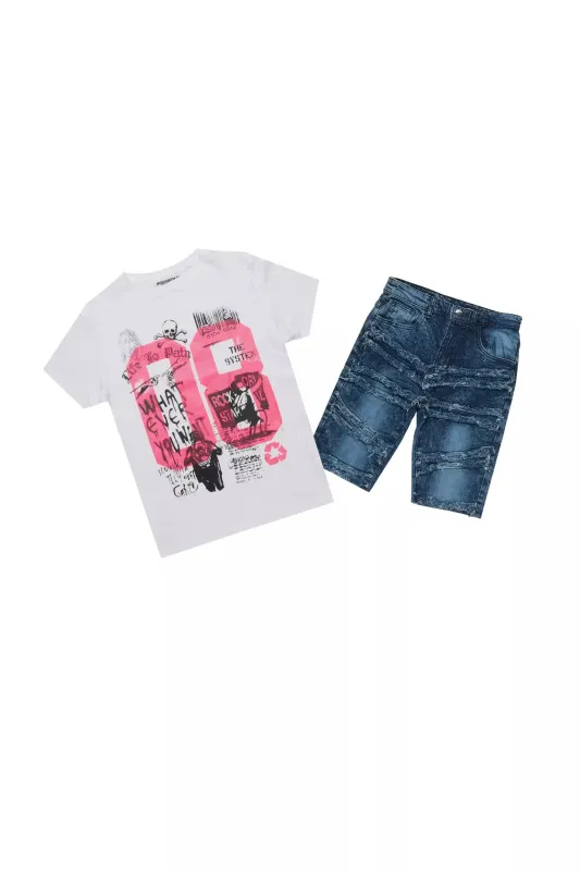 Girls Kammy White/Blue T-Shirt/Denim Short Set sold by Rockstar Original