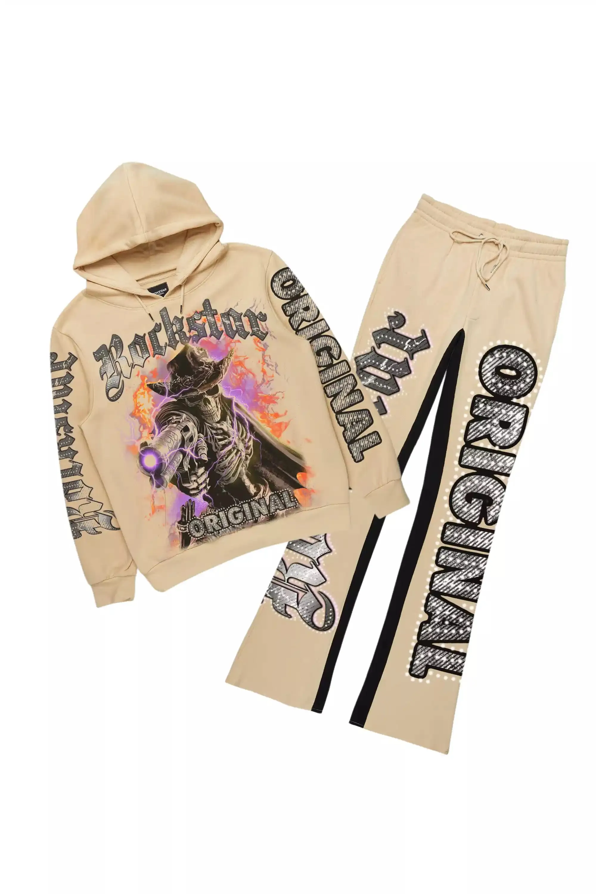 Bixner Beige/Black Hoodie/Baggy Stacked Track Pant Set sold by Rockstar Original