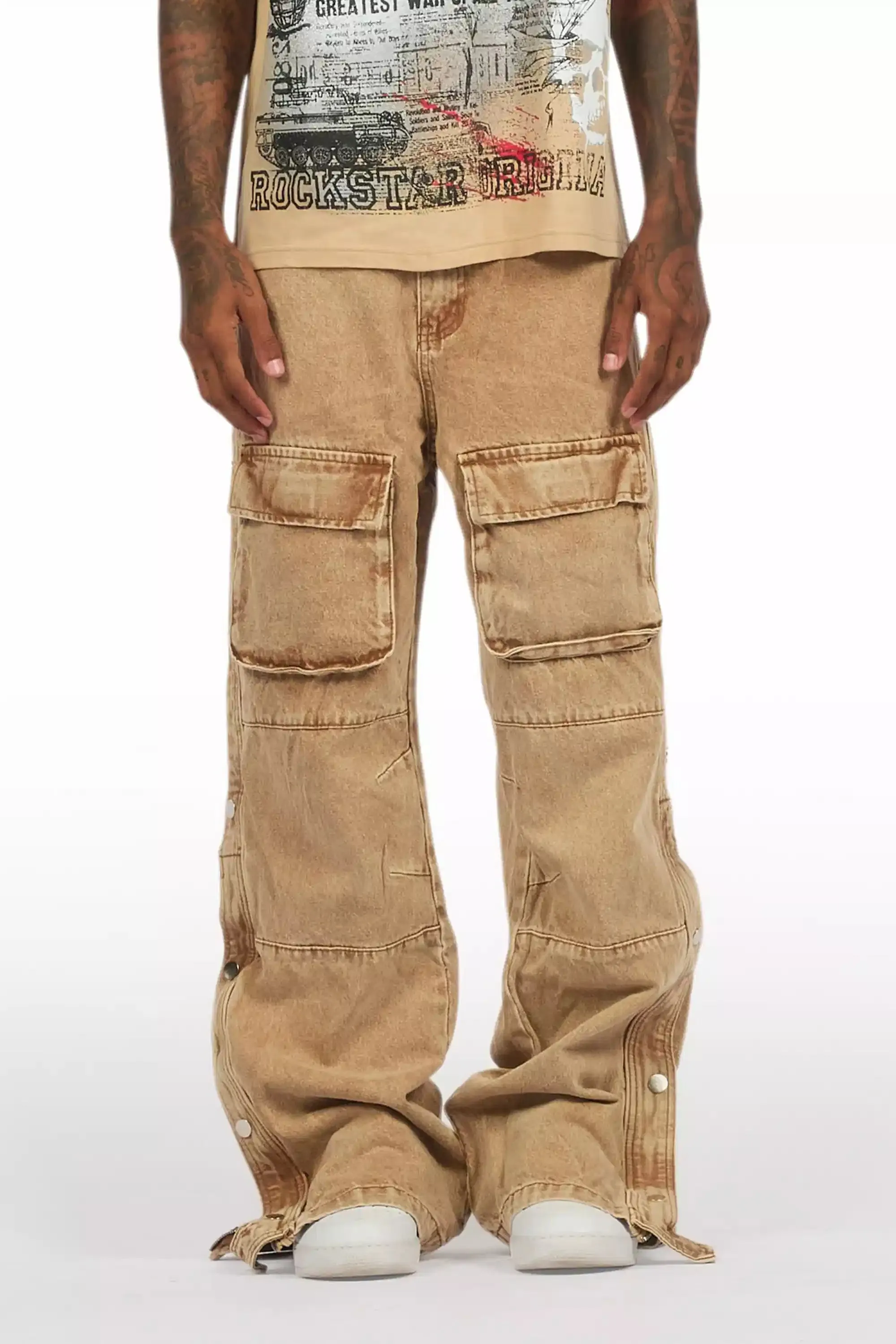 Yuri Beige Stacked Cargo Flare Jean sold by Rockstar Original