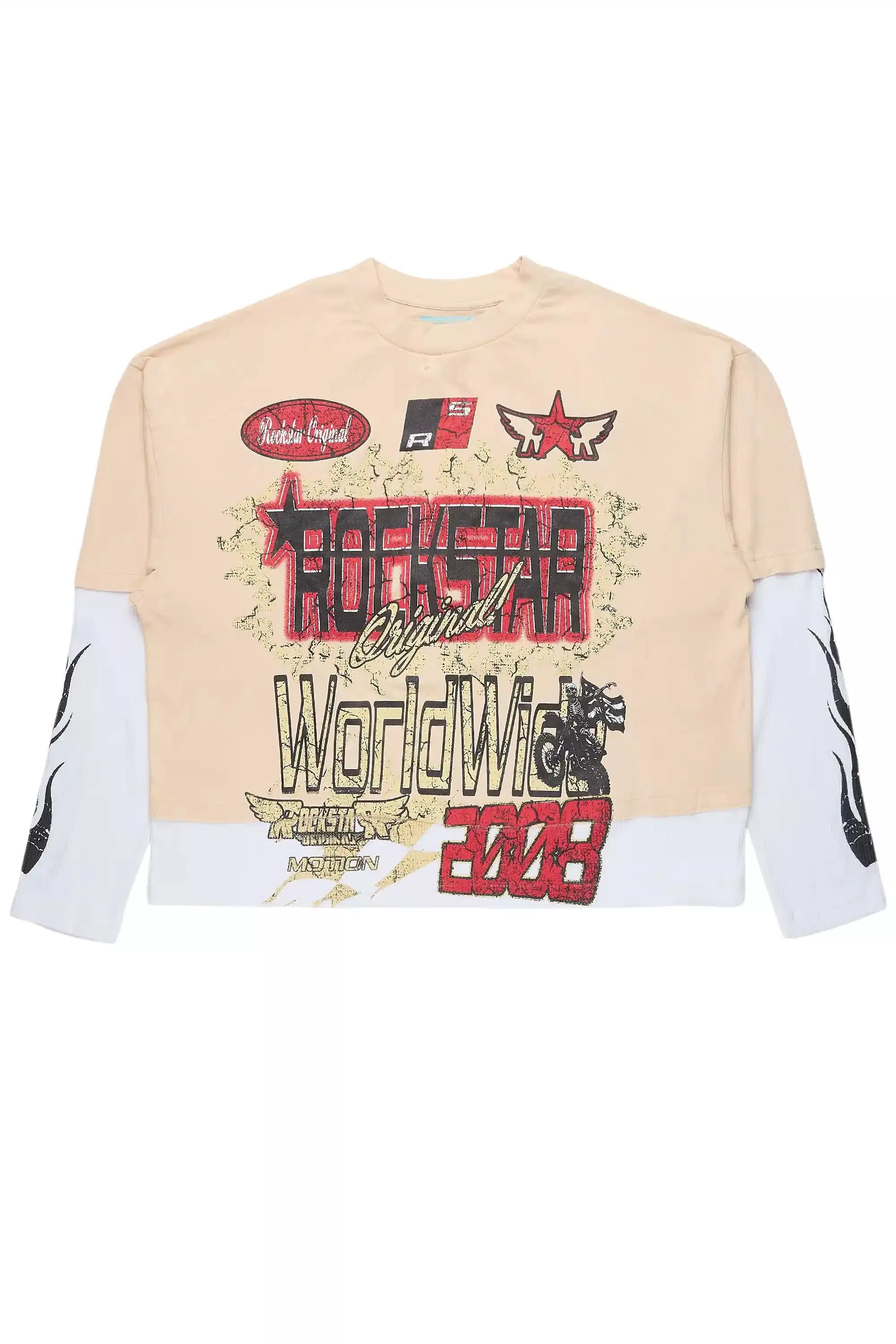 Deangelo Beige/Red Boxy Crop Double Layer Tee sold by Rockstar Original