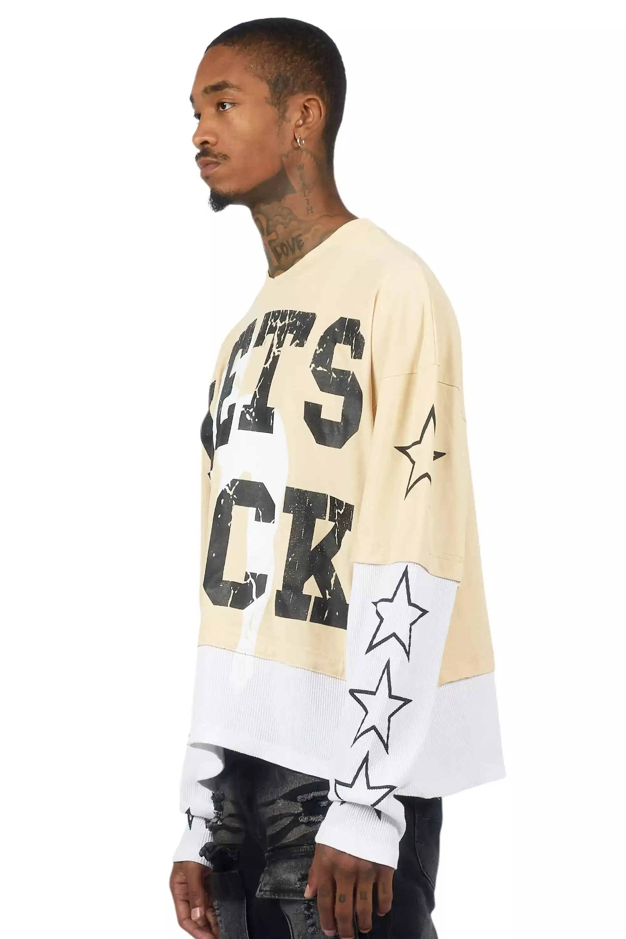Pacino Beige/Black Boxy Crop Double Layer Tee sold by Rockstar Original product image thumbnail 4