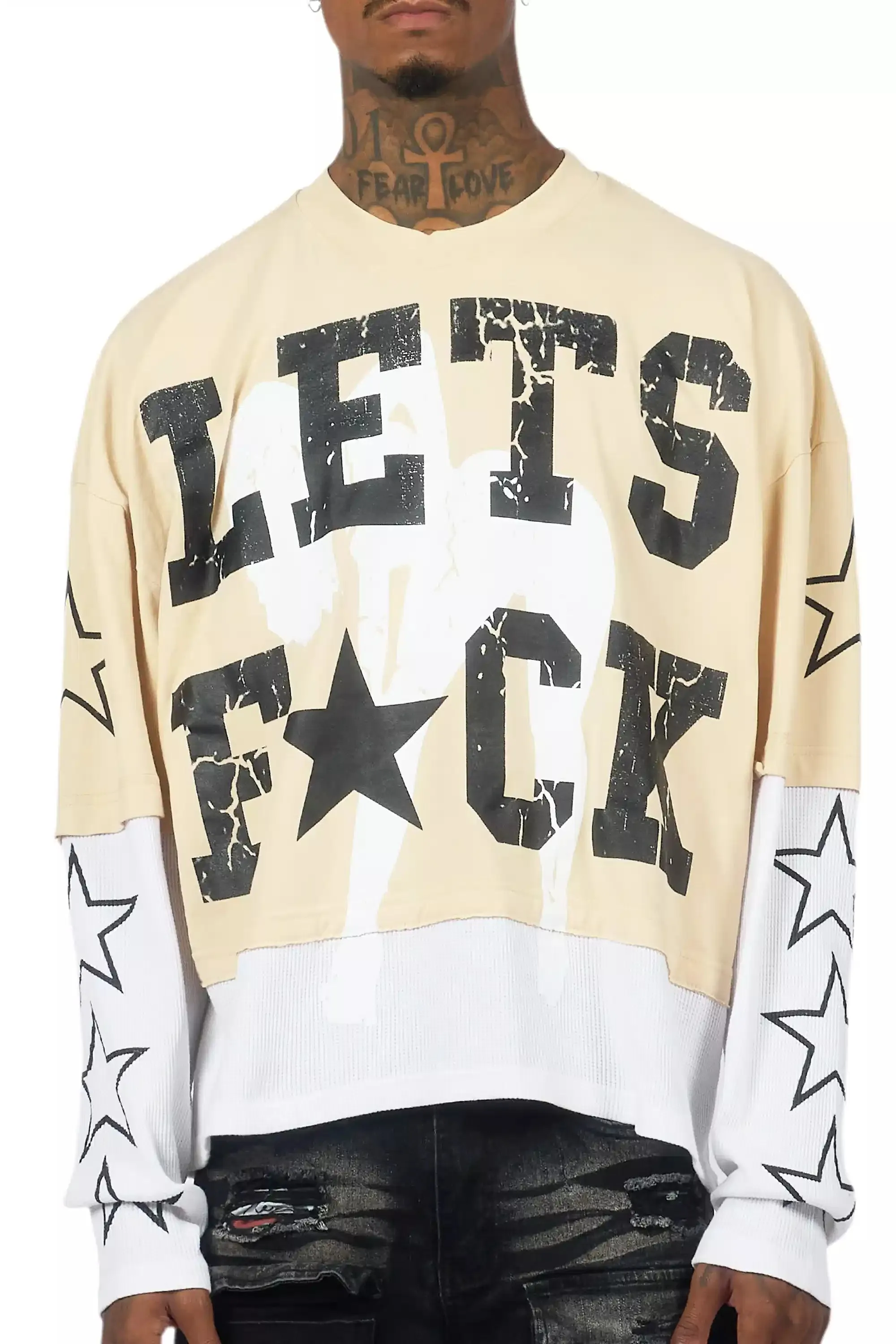 Pacino Beige/Black Boxy Crop Double Layer Tee sold by Rockstar Original product image thumbnail 5