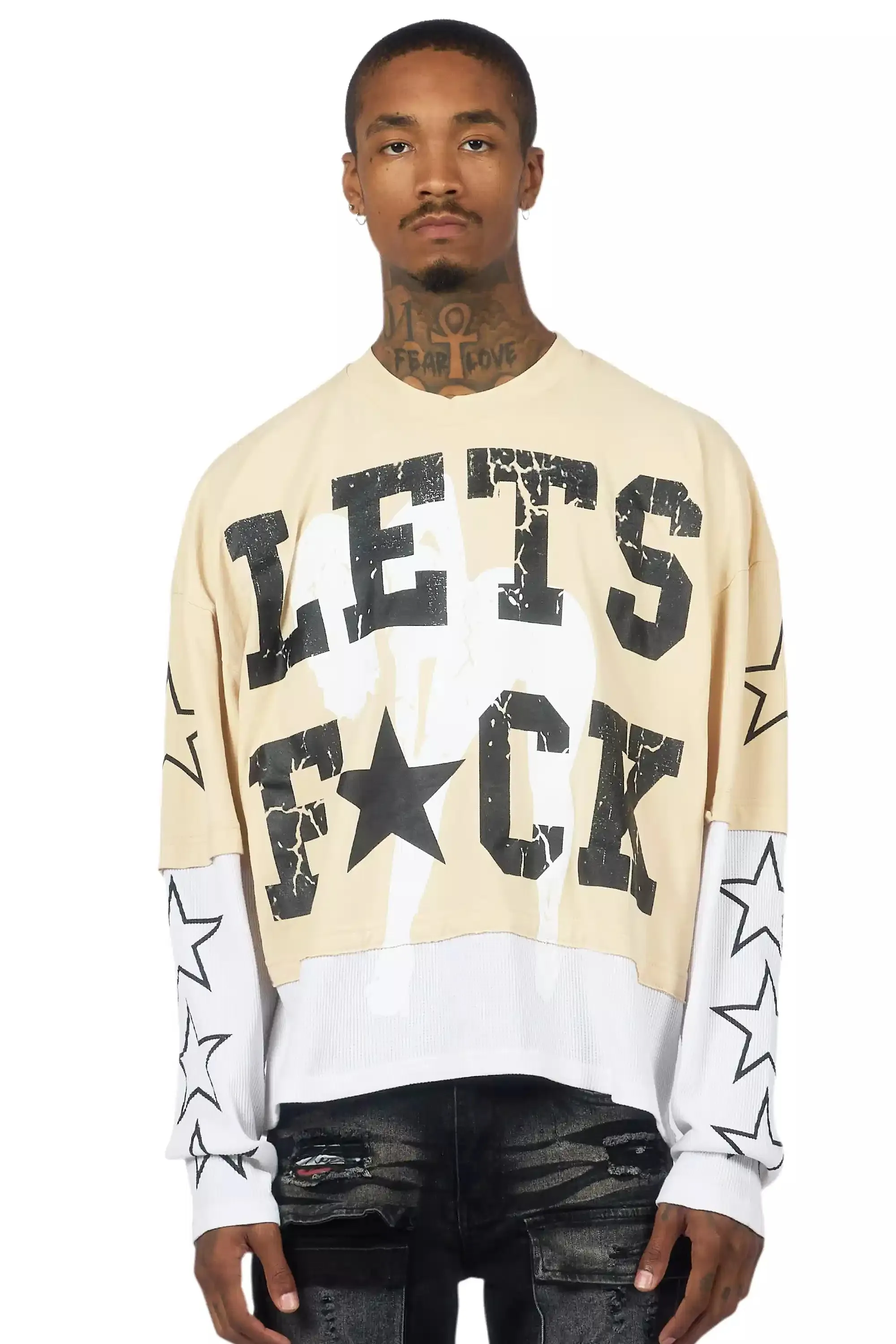 Pacino Beige/Black Boxy Crop Double Layer Tee sold by Rockstar Original