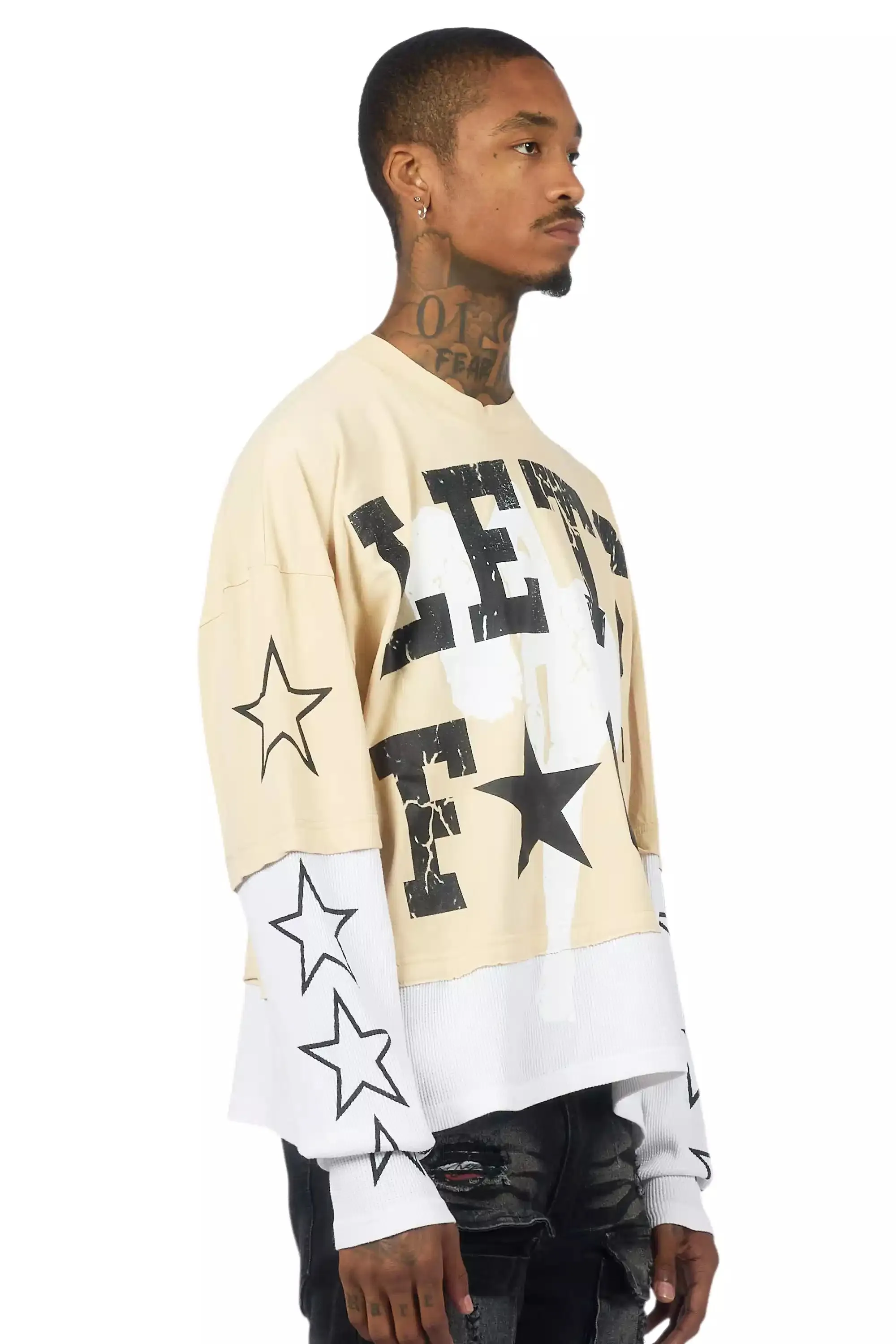 Pacino Beige/Black Boxy Crop Double Layer Tee sold by Rockstar Original product image thumbnail 3