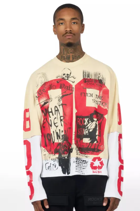 Grill Beige/Red Boxy Crop Double Layer Tee sold by Rockstar Original