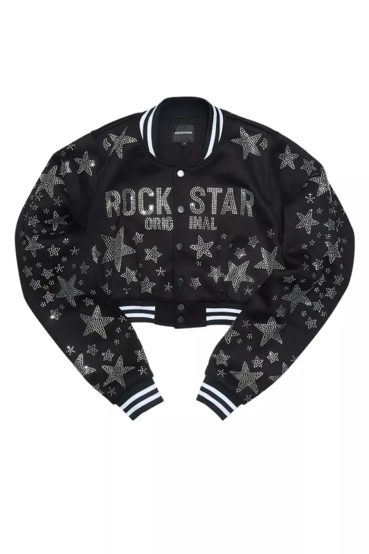 Shanda Black Crop Rhinestone Varsity Jacket sold by Rockstar Original