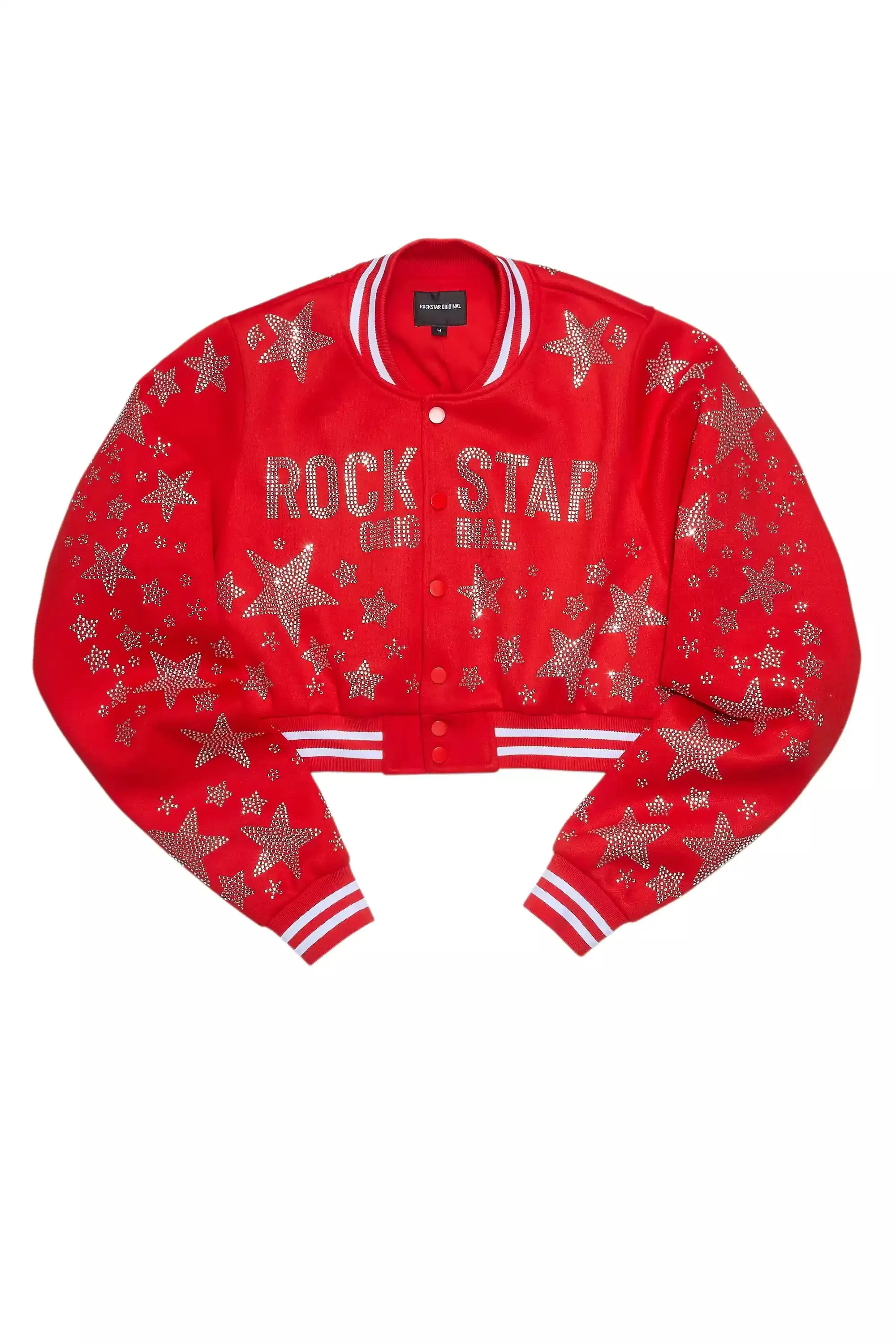 Shanda Red Crop Rhinestone Varsity Jacket sold by Rockstar Original