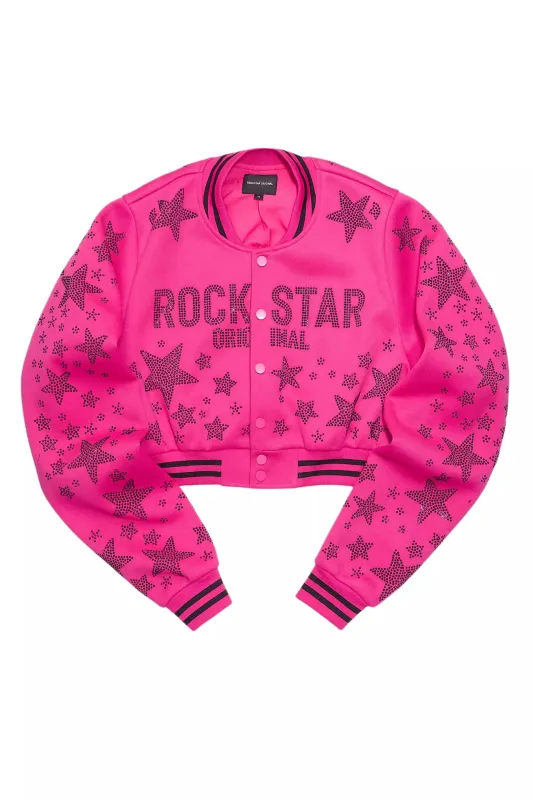 Shanda Hot Pink Crop Rhinestone Varsity Jacket sold by Rockstar Original