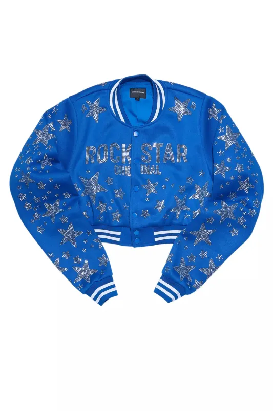 Shanda Royal Blue Crop Rhinestone Varsity Jacket sold by Rockstar Original