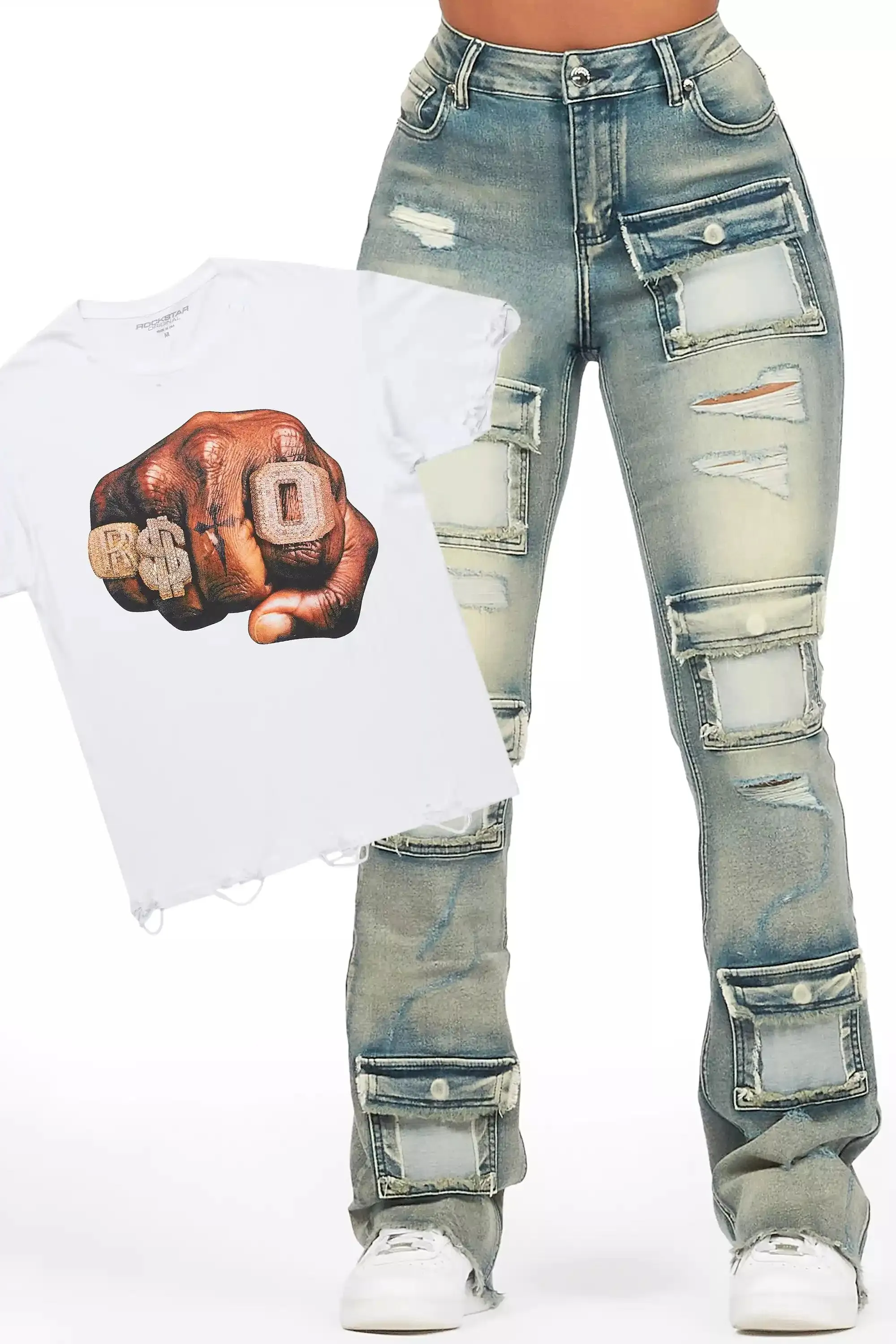 Aleeana White Tee & Mashawi Blue Wash Jean Set sold by Rockstar Original