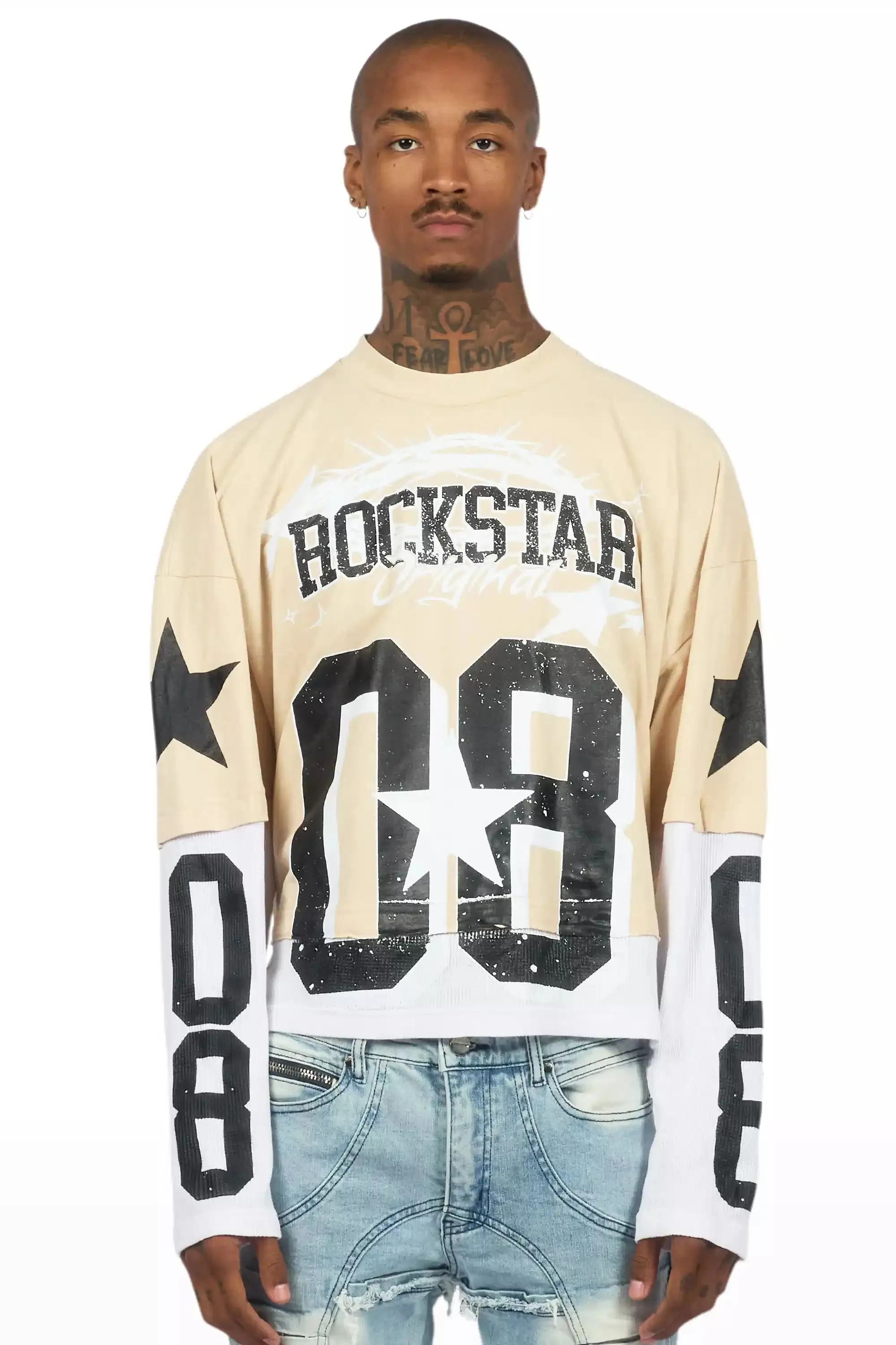 Allstar Beige/Black Boxy Crop Double Layer Tee sold by Rockstar Original