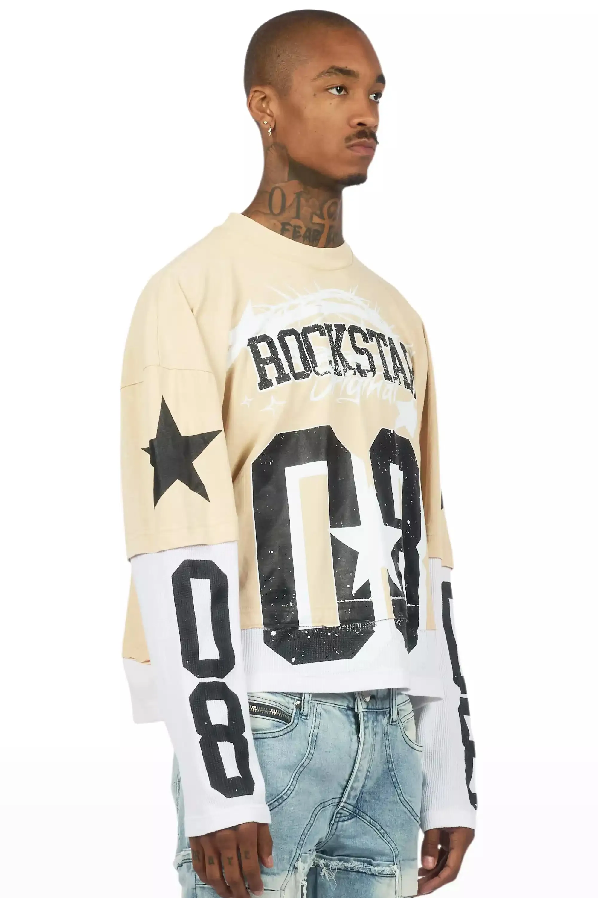 Allstar Beige/Black Boxy Crop Double Layer Tee sold by Rockstar Original product image thumbnail 3