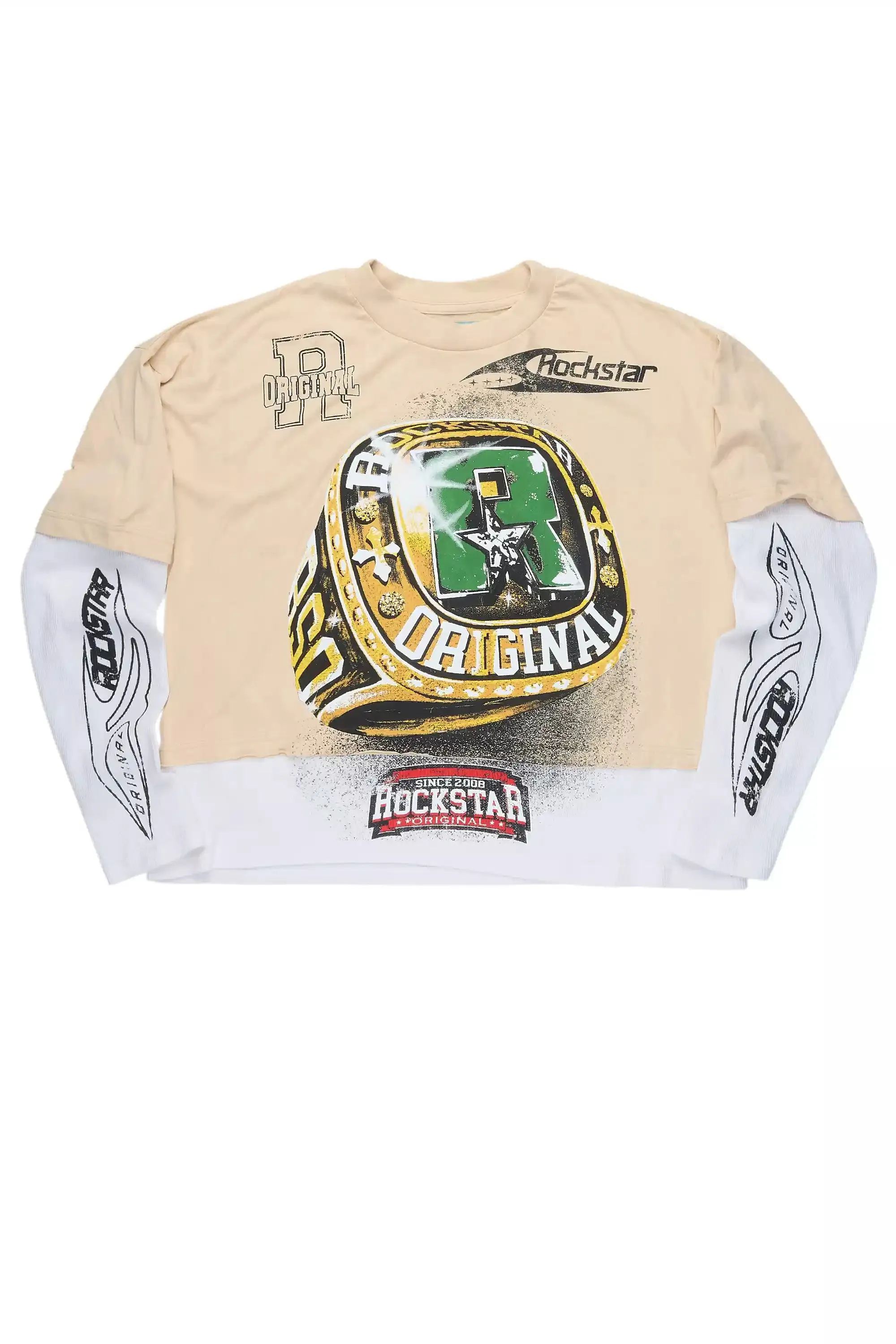 Gemchamp Beige/Red Boxy Crop Double Layer Tee sold by Rockstar Original