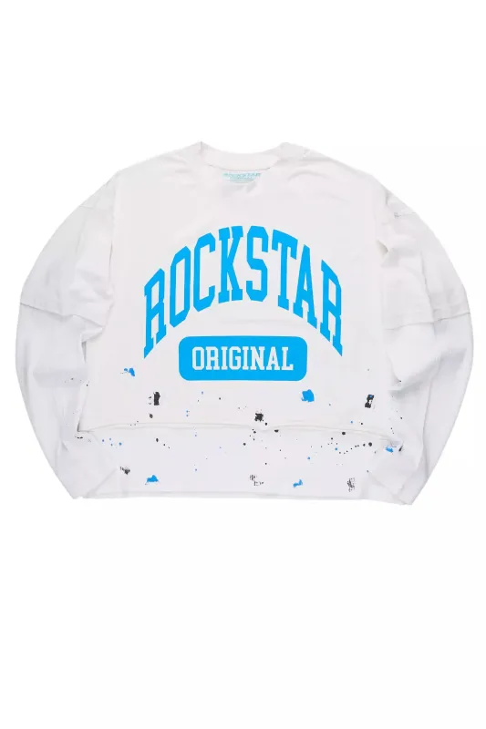 Rainer White/Blue Boxy Crop Double Layer Tee sold by Rockstar Original