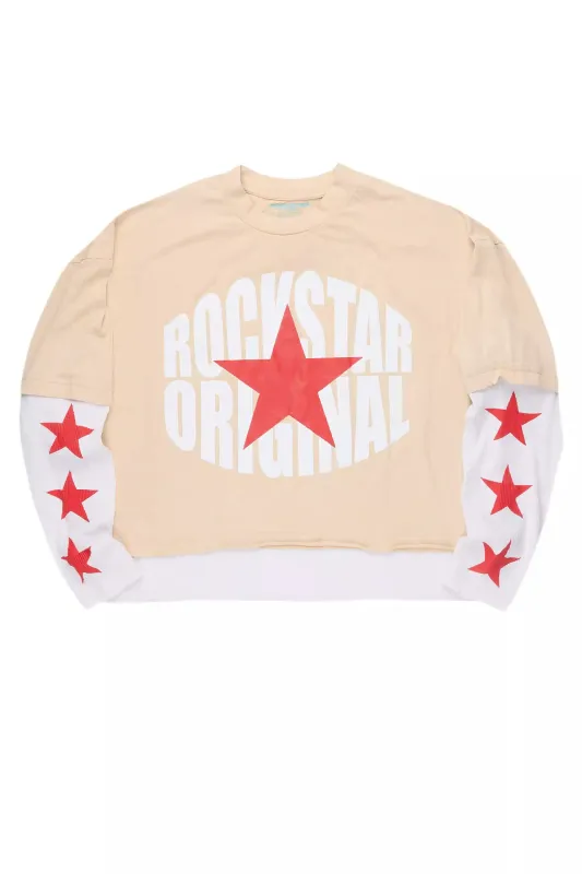States Beige/White Boxy Crop Double Layer Tee sold by Rockstar Original