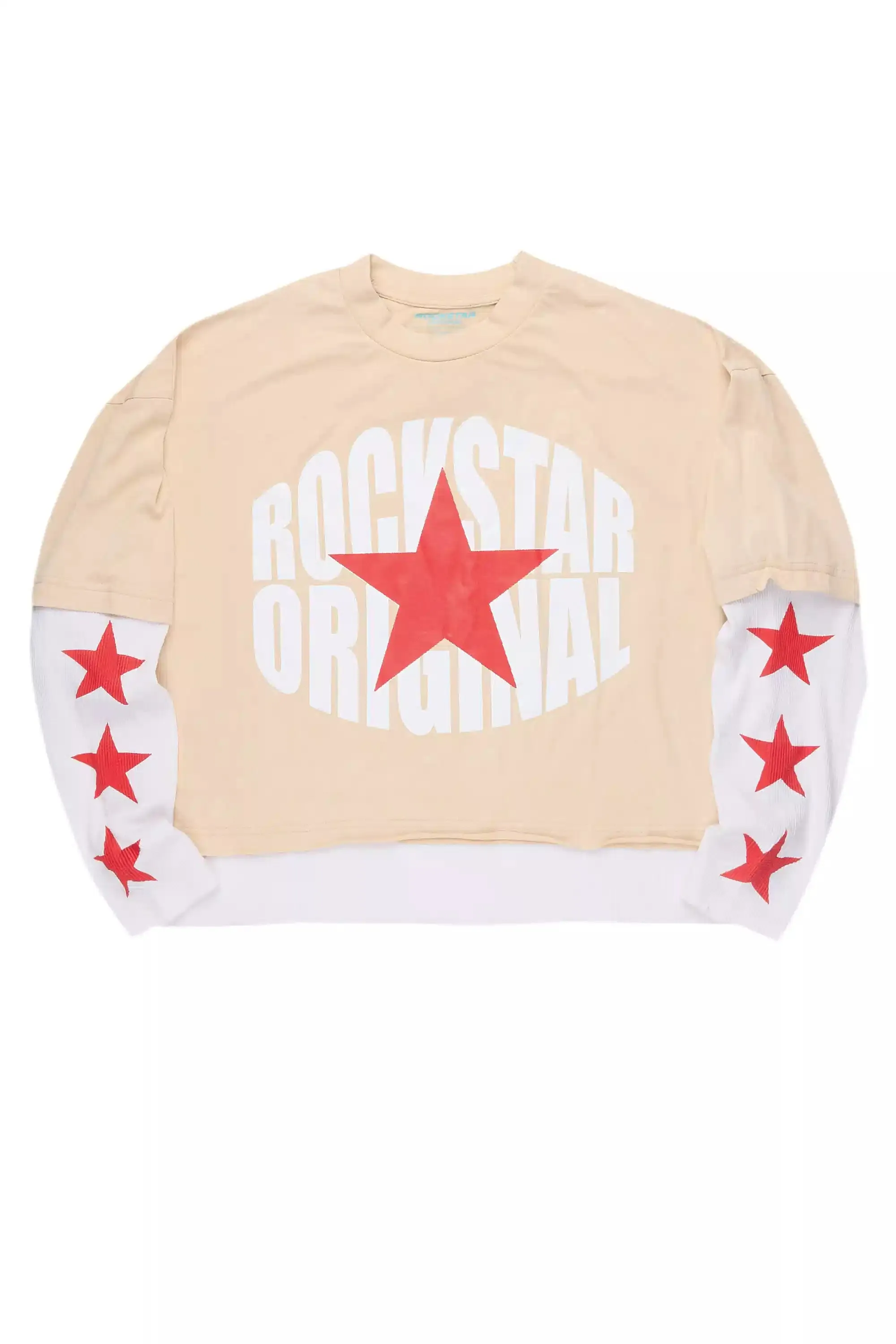 States Beige/White Boxy Crop Double Layer Tee sold by Rockstar Original