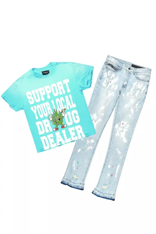 Tarl Blue Oversized T-Shirt/Stacked Flare Jean Set sold by Rockstar Original