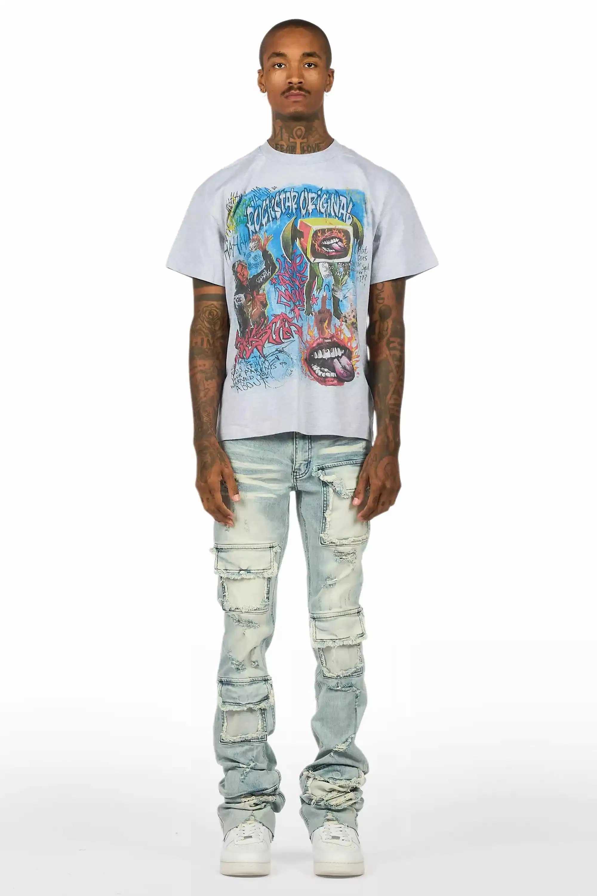 Yooz Heather Grey/Blue Oversized T-Shirt/Super Stacked Flare Jean Bundle sold by Rockstar Original product image thumbnail 2
