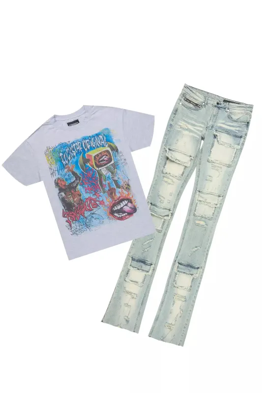 Yooz Heather Grey/Blue Oversized T-Shirt/Super Stacked Flare Jean Bundle sold by Rockstar Original