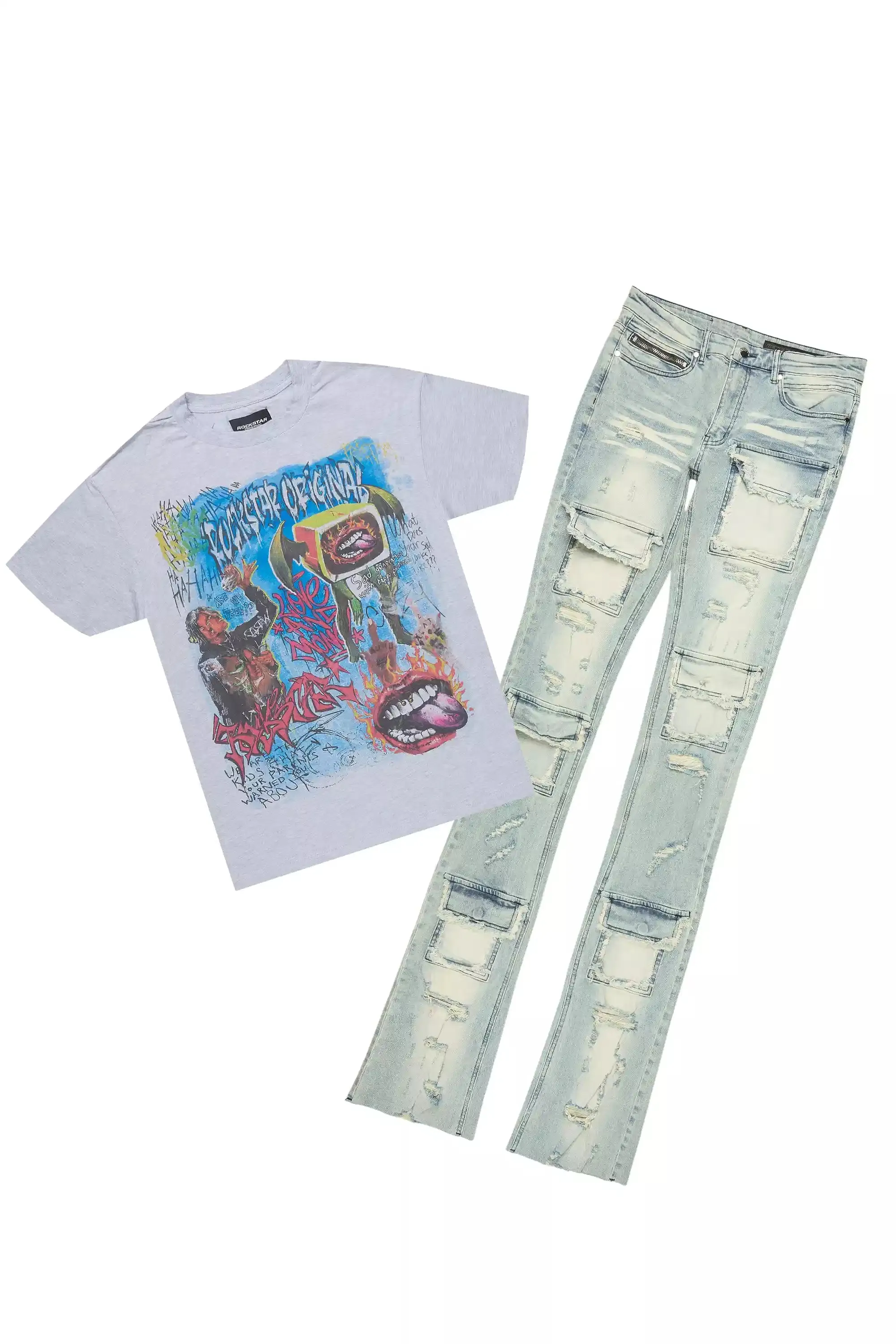 Yooz Heather Grey/Blue Oversized T-Shirt/Super Stacked Flare Jean Bundle sold by Rockstar Original