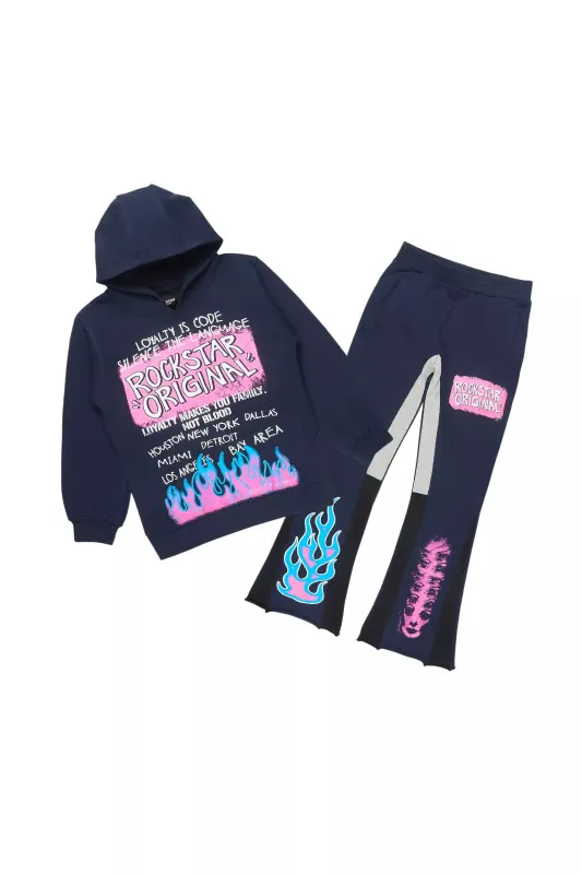 Boys Beno Navy/Pink Stacked Flare Track Set sold by Rockstar Original