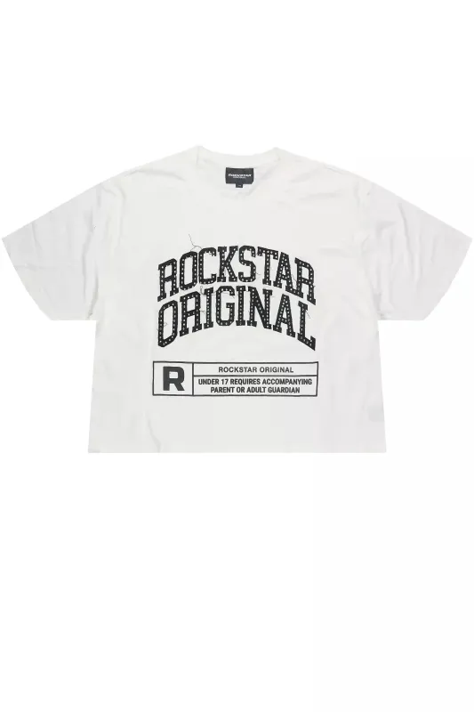 Tracy White Rhinestone Boxy Crop T-Shirt sold by Rockstar Original