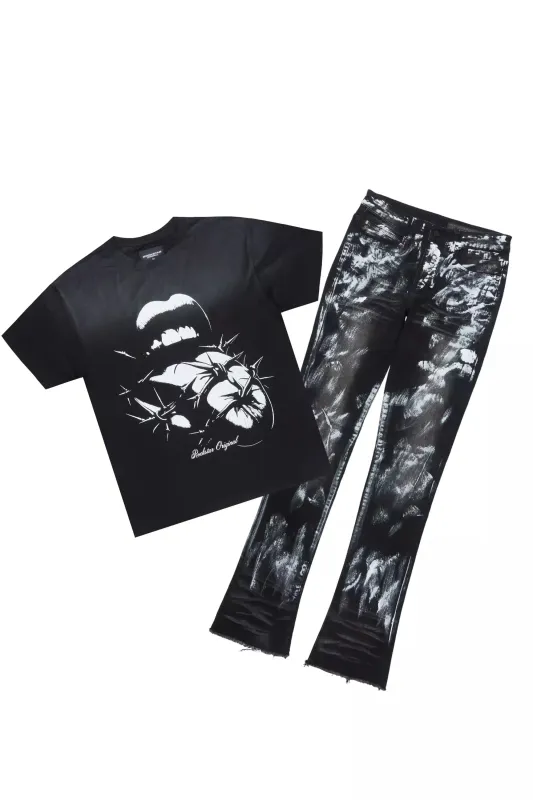 Schmear Black Oversized Graphic T-Shirt/Painted Stacked Flare Jean Bundle sold by Rockstar Original