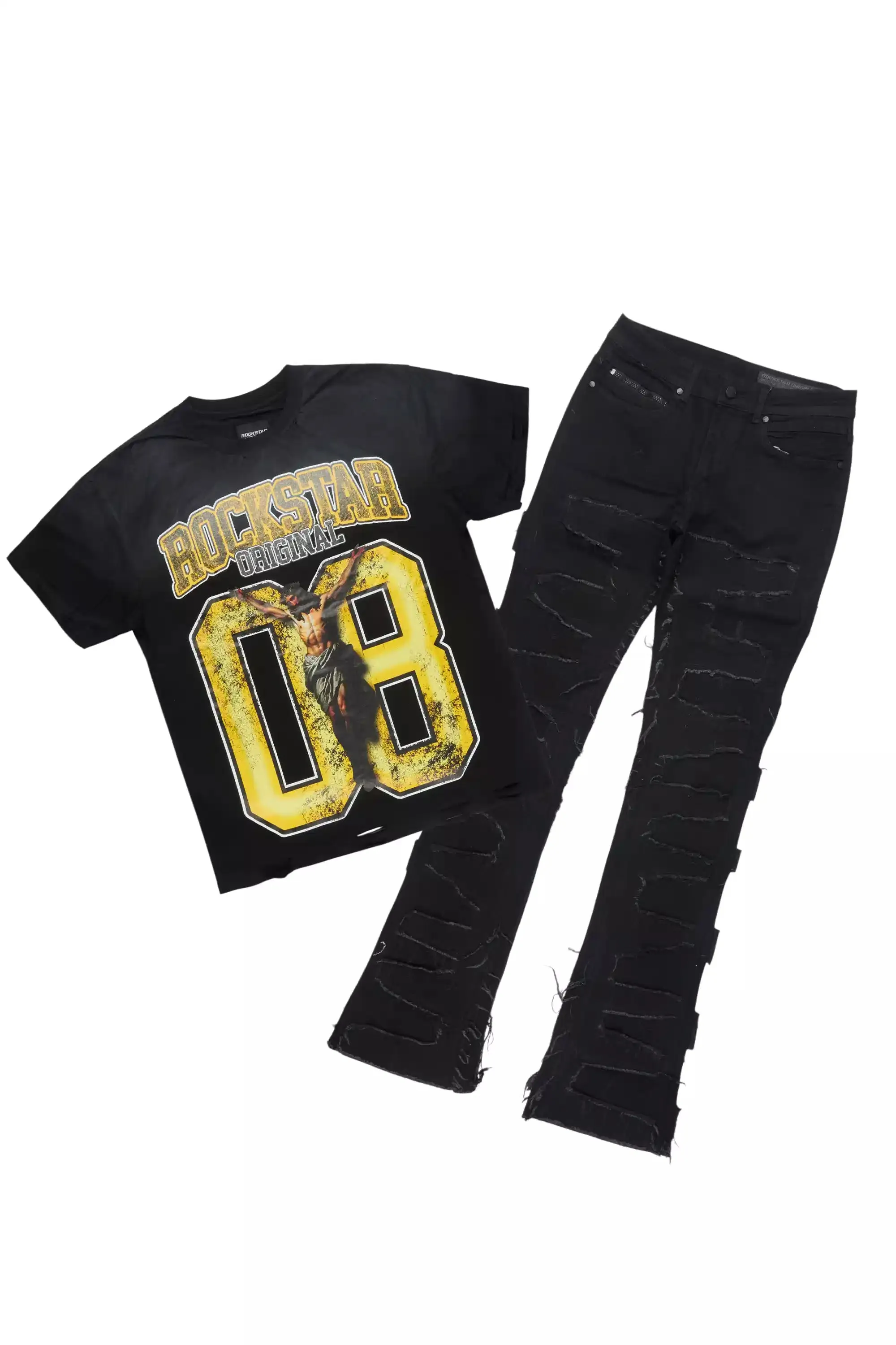 Fields Black Oversized Graphic T-Shirt/Stacked Flare Jean Bundle sold by Rockstar Original