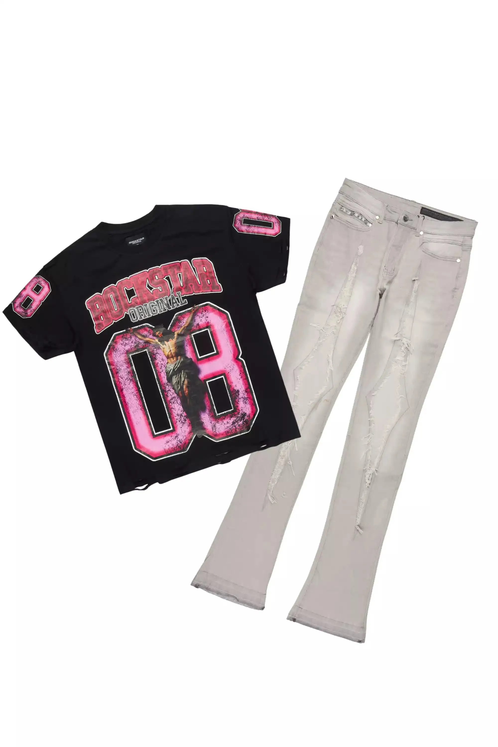 Fields Black Oversized Graphic T-Shirt/Painted Stacked Flare Jean sold by Rockstar Original