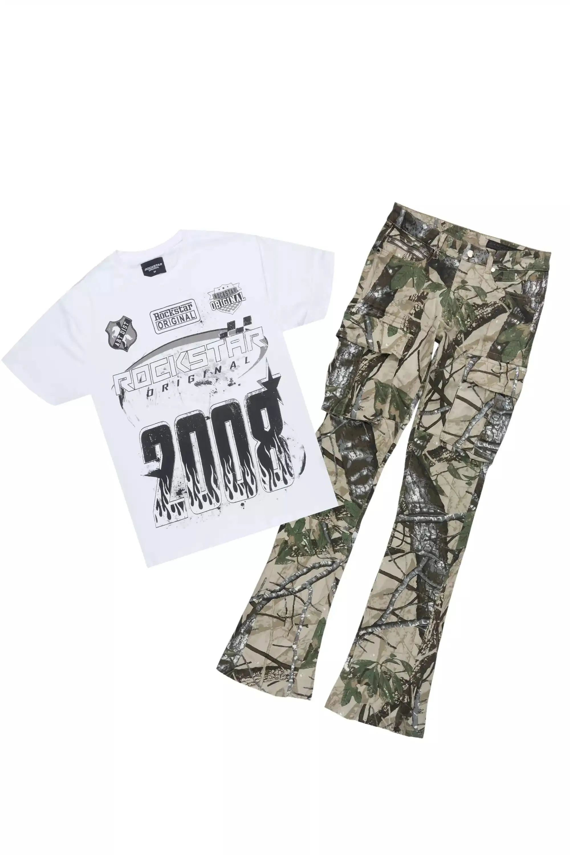 Amos White Camo T-Shirt/Stacked Flare Jean Bundle sold by Rockstar Original