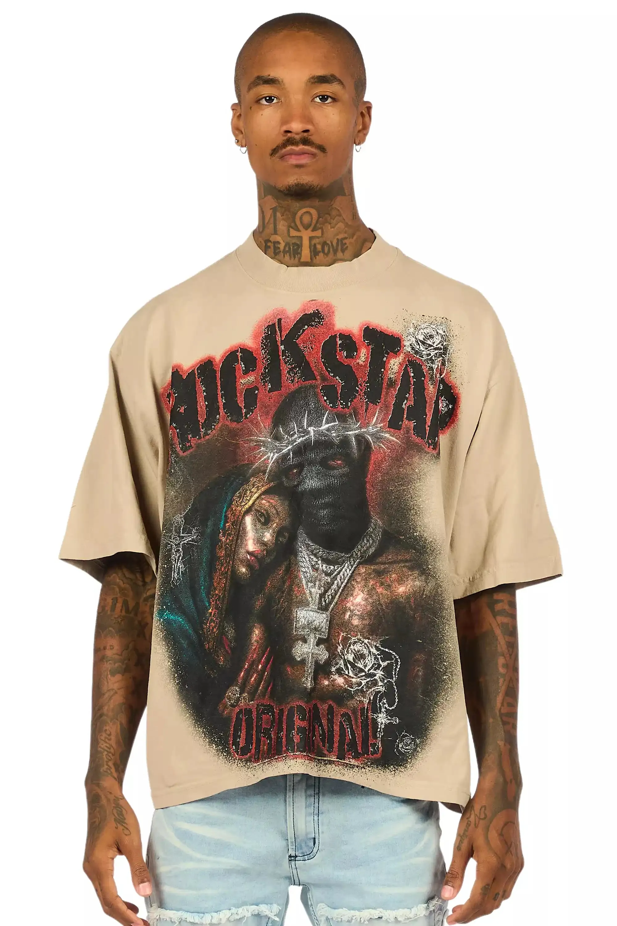 Rhydan Beige/Black Oversized Graphic T-Shirt sold by Rockstar Original