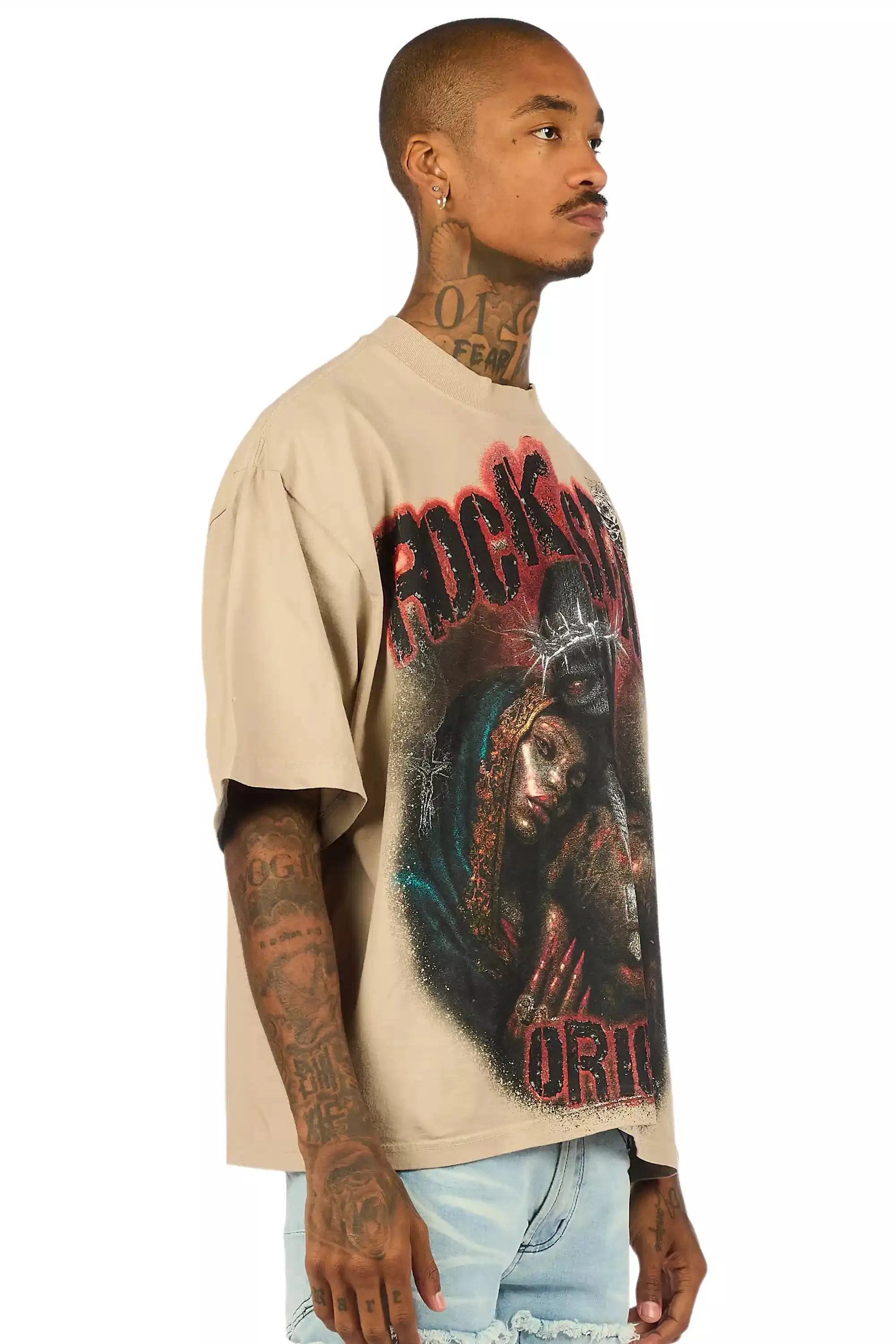 Rhydan Beige/Black Oversized Graphic T-Shirt sold by Rockstar Original product image thumbnail 3
