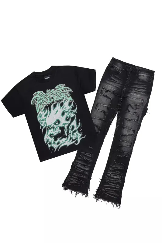 Schtupp Black Oversized T-Shirt/Stacked Flare Jean Bundle made by Rockstar Original