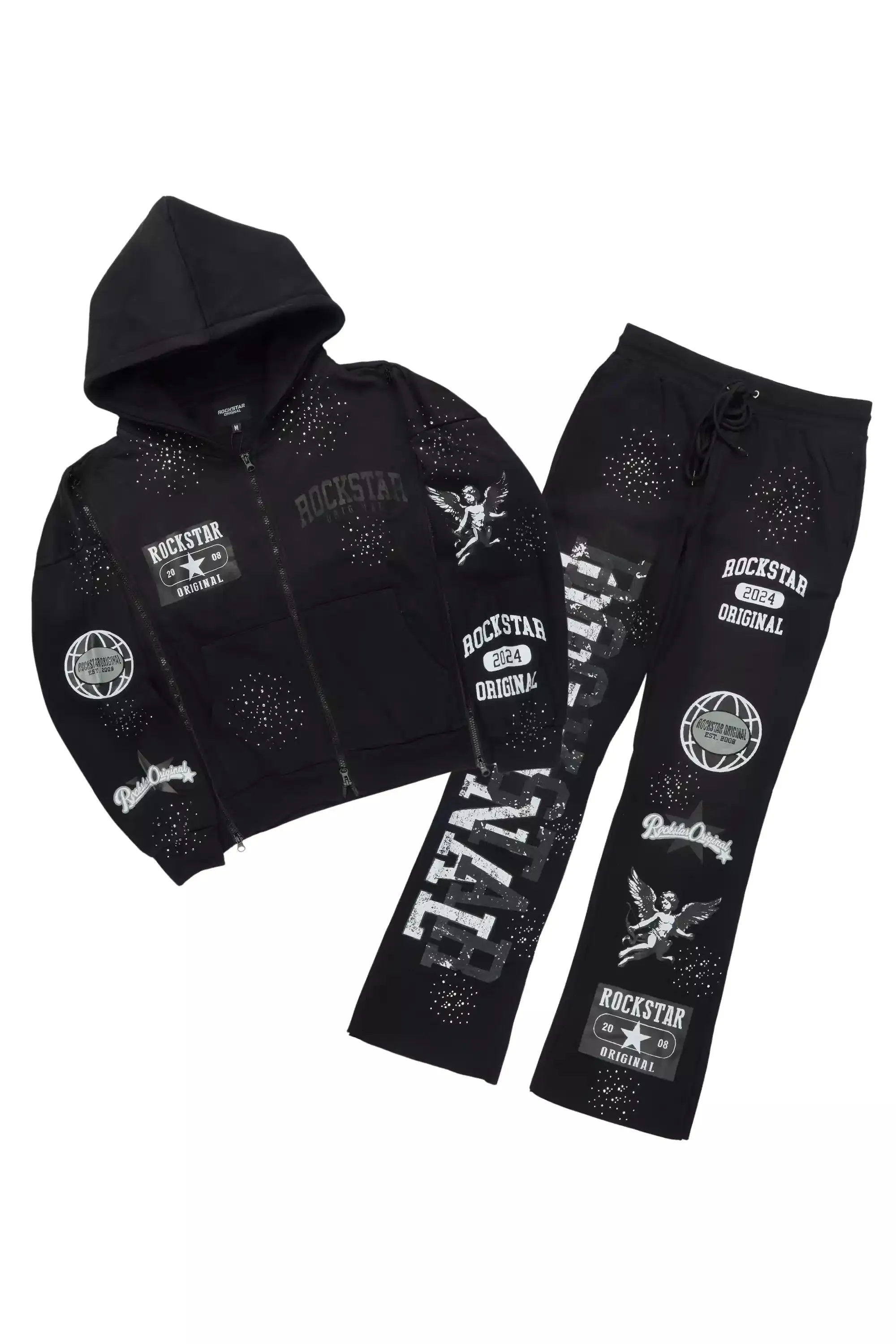 Gutta Black Rhinestone Hoodie Relaxed Track Set sold by Rockstar Original