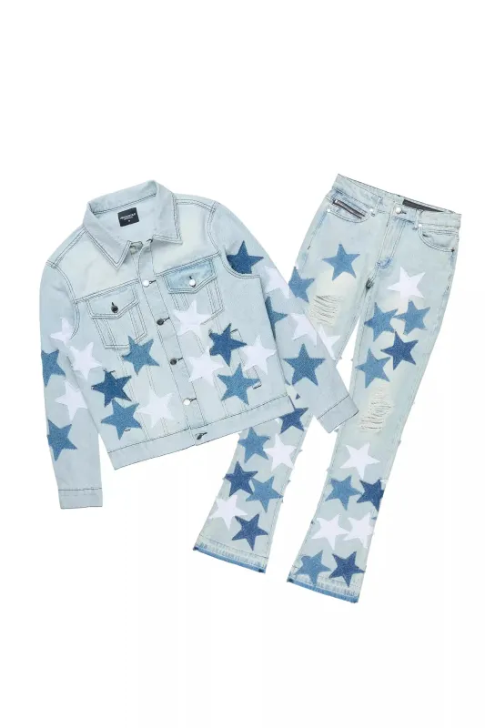 Starlane Light Blue Denim Jacket/Stacked Flare Jean Set sold by Rockstar Original