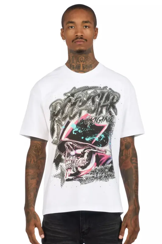 Outerworld White Graphic Rhinestone T-Shirt sold by Rockstar Original