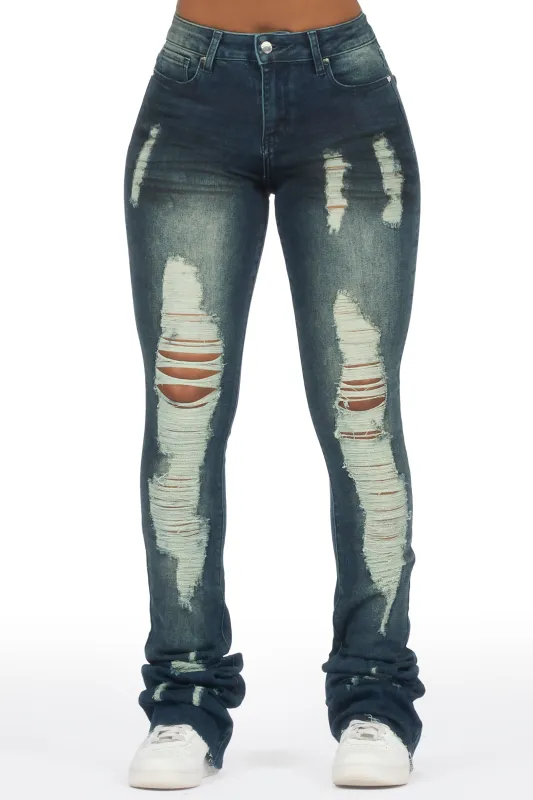 Got A Crush Dark Wash Distressed Super Stacked Jean sold by Rockstar Original