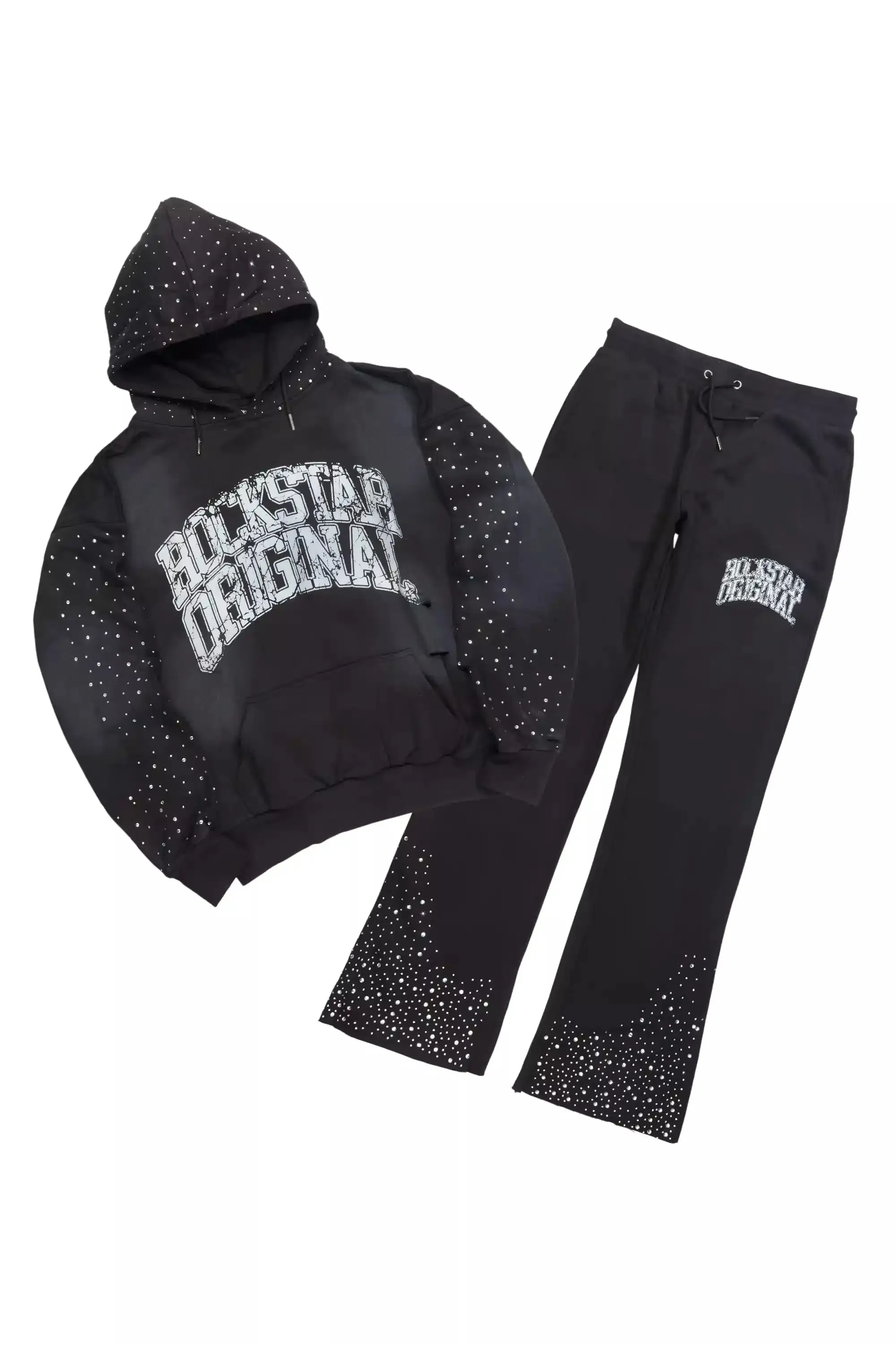 Cryptici Black Rhinestone Stacked Flare Hoodie Track Set sold by Rockstar Original