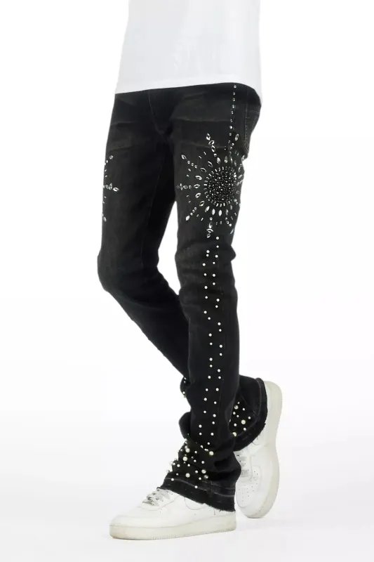 Tryst Dark Grey Rhinestone Stacked Flare Jean sold by Rockstar Original