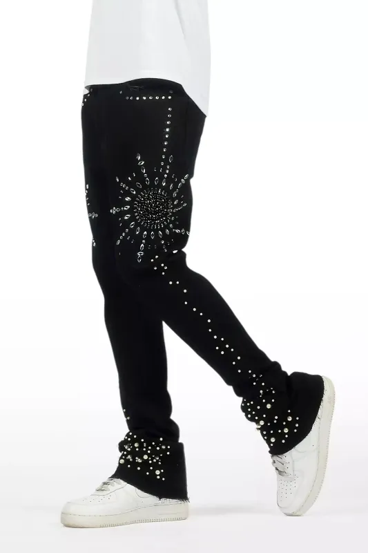 Tryst Jet Black Rhinestone Stacked Flare Jean sold by Rockstar Original