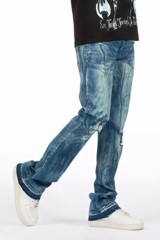 Inkspill Blue Oil Wash Stacked Flare Jean sold by Rockstar Original