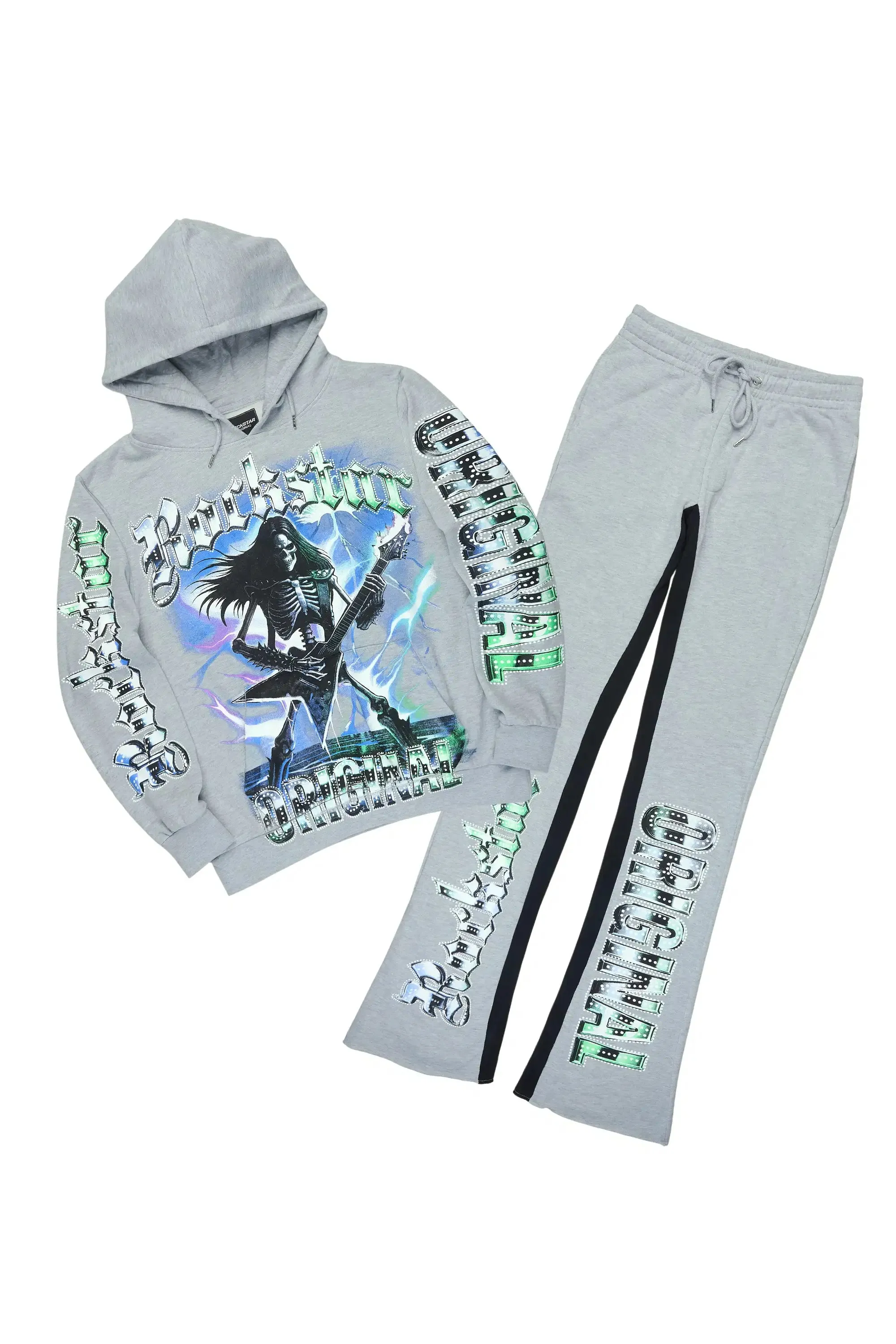 Wekken Heather Grey/Blue Hoodie/Baggy Stacked Track Pant Set sold by Rockstar Original