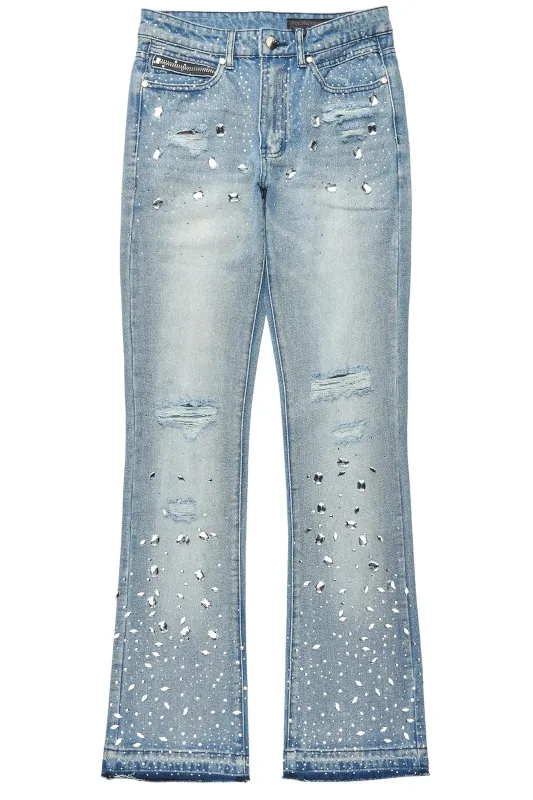 Glanz Light Blue Rhinestone Stacked Flare Jean sold by Rockstar Original