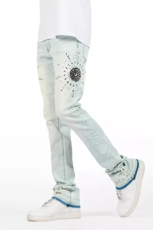 Tryst Light Blue Rhinestone Stacked Flare Jean sold by Rockstar Original