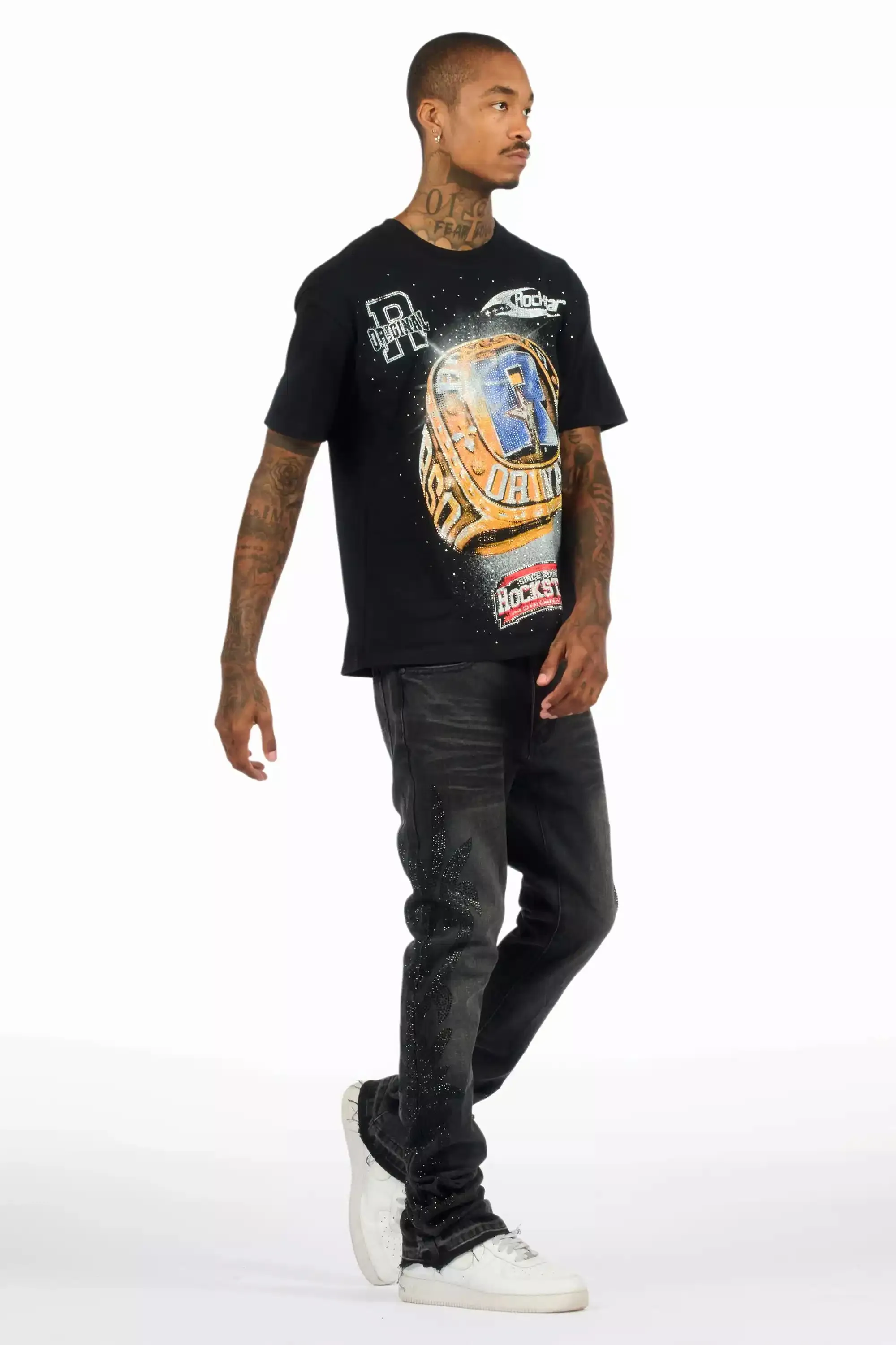 Shamaz Rhinestone Dark Grey Stacked Flare Jean sold by Rockstar Original product image thumbnail 4